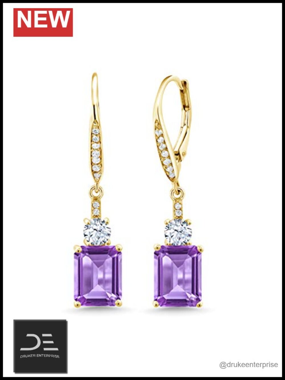 18K Yellow Gold Plated Silver Leverback Drop Earrings 9X7MM Emerald Cut